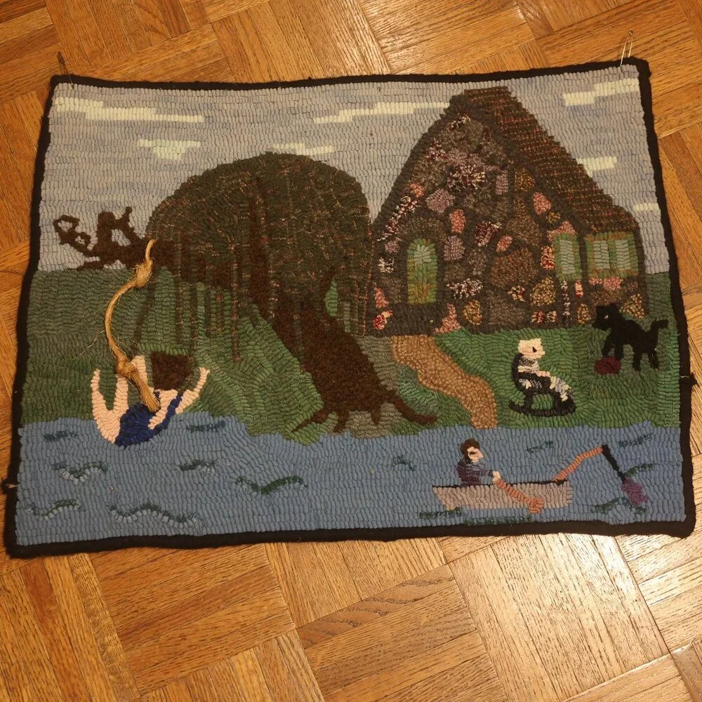 HAND HOOKED Rug Summer Lake House Boat Scene FOLK ART River 25x19